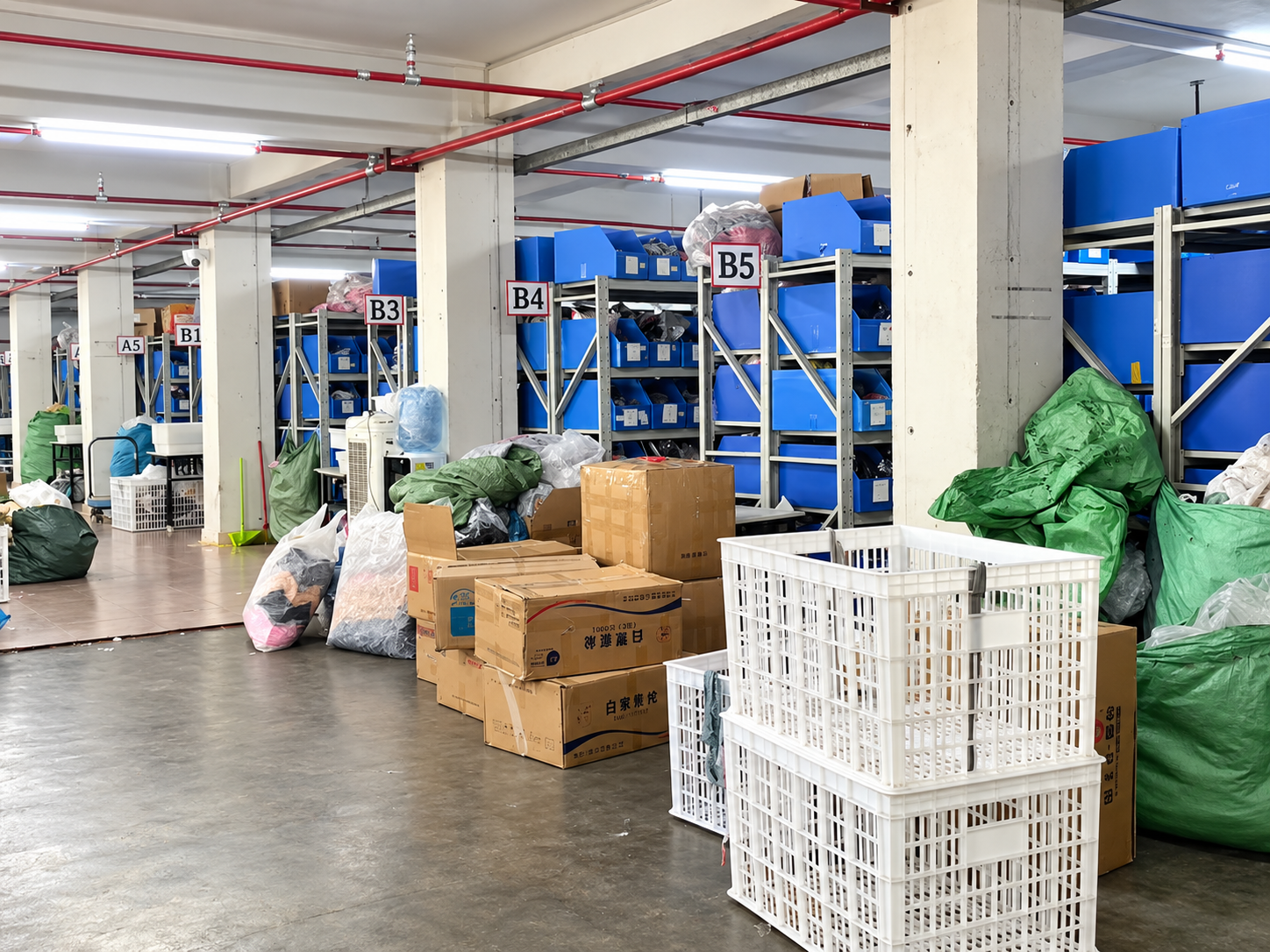 Warehouse with labeled storage bins